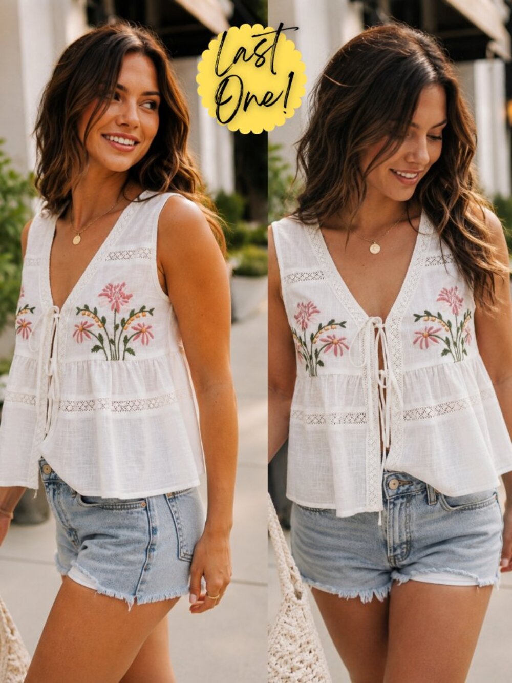 Kiley Embroidered Linen Vest | Women's Summer Tank Top | Front Ties | Floral